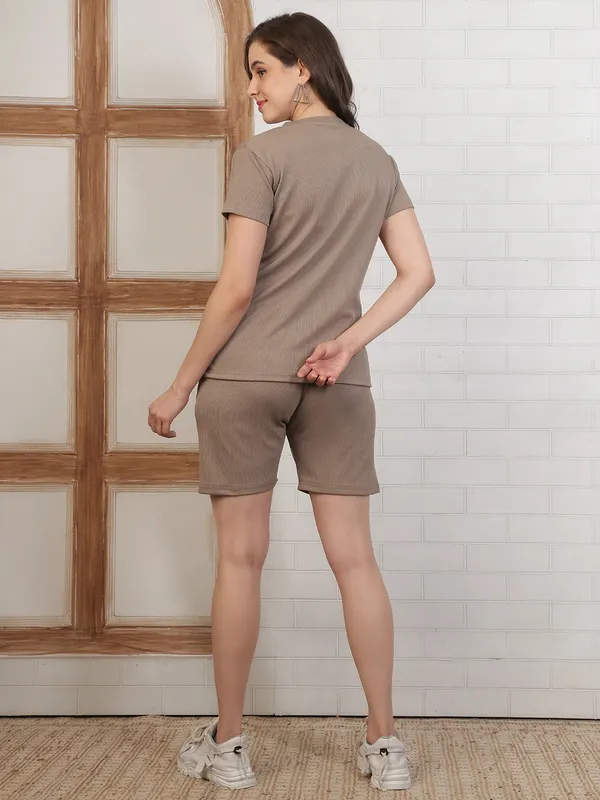 Taupe_Ribbed_Cotton_Lycra_Printed_T-Shirt_&_Shorts_Set_For_Women