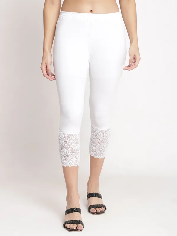White_Super_Lycra_Lace_Trim_Ankle_Leggings_For_Women