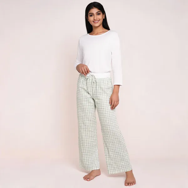 Green_Crush_Check_Wide_Leg_Lounge_Pants_For_Women