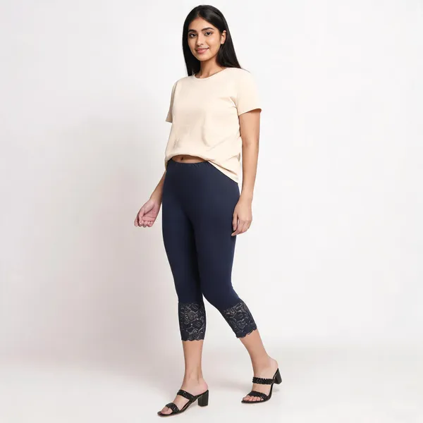 Navy_Super_Lycra_Lace_Trim_Capri_Pants_For_Women