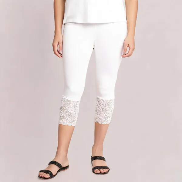 White_Super_Lycra_Lace_Hem_Capri_Pants_For_Women