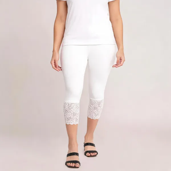 White_Super_Lycra_Lace_Hem_Capri_Pants_For_Women