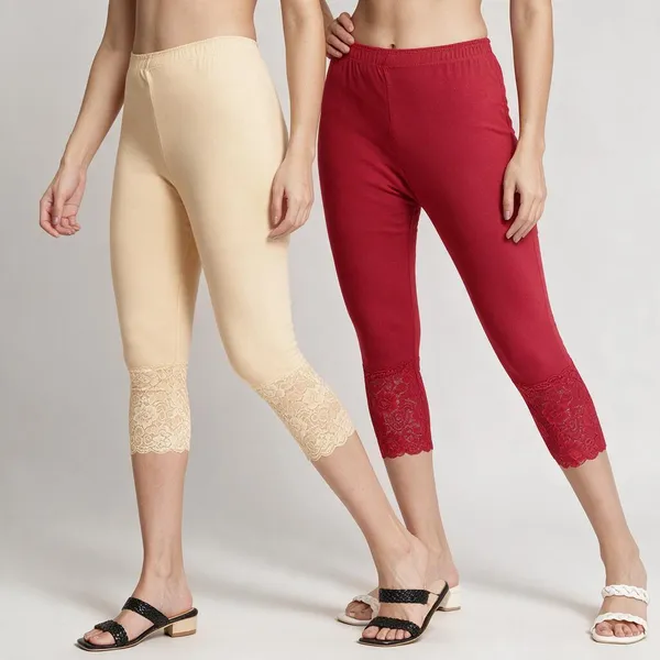 Beige_And_Red_Super_Lycra_Lace_Hem_Capri_Pants_For_Women