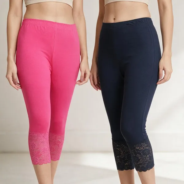 Pink_And_Blue_Super_Lycra_Lace_Hem_Capri_Pants_For_Women