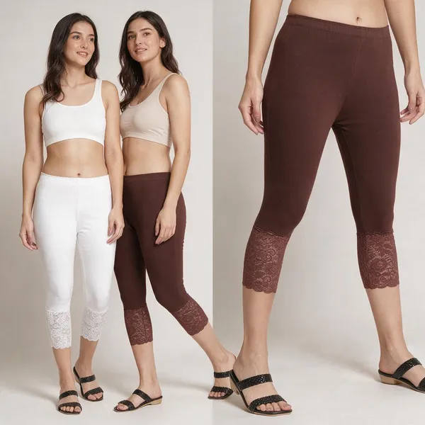 White_&_Brown_Super_Lycra_Lace_Hem_Capri_Pants_For_Women