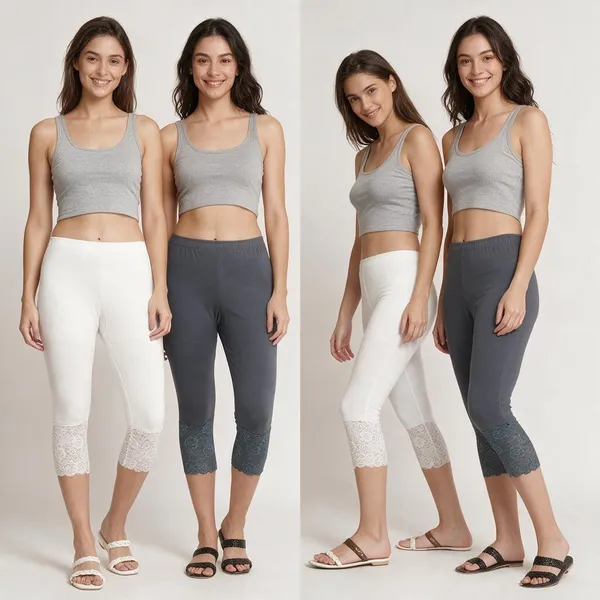 White_&_Grey_Super_Lycra_Lace_Hem_Capri_Pants_For_Women