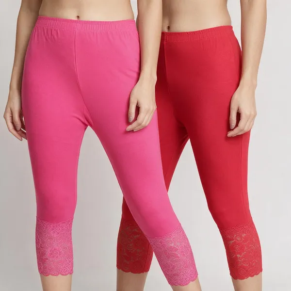 Red_And_Pink_Super_Lycra_Lace_Hem_Capri_Pants_For_Women