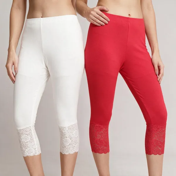White_&_Red_Super_Lycra_Lace_Hem_Capri_Pants_For_Women