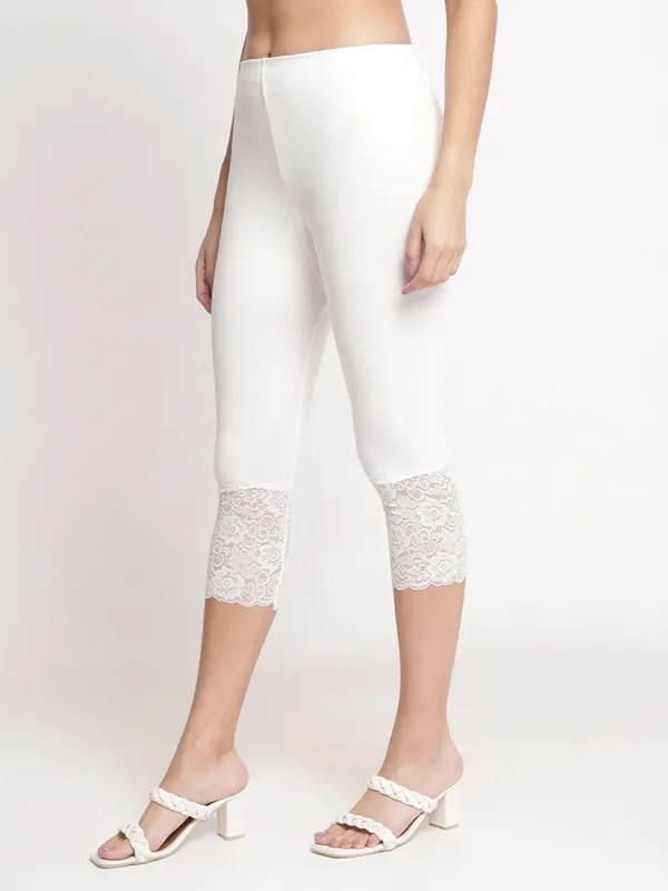 White_Super_Lycra_Lace_Trim_Ankle_Leggings_For_Women