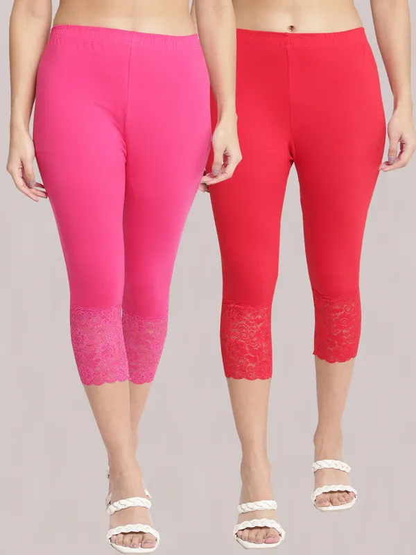 Red_And_Pink_Super_Lycra_Lace_Hem_Capri_Pants_For_Women