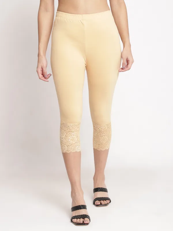 Beige_Super_Lycra_Lace_Hem_Capri_Pants_For_Women