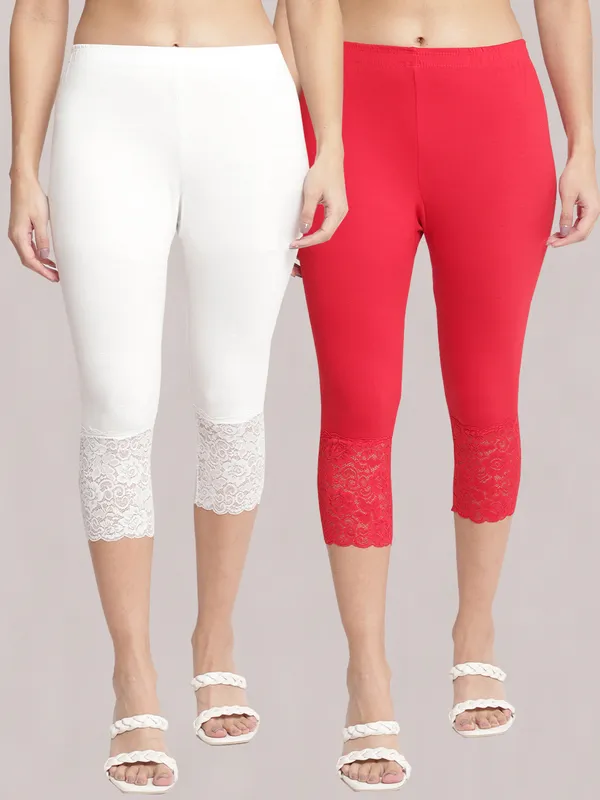 White_&_Red_Super_Lycra_Lace_Hem_Capri_Pants_For_Women