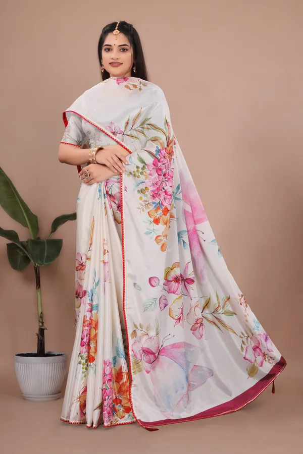 White_Floral_Print_Saree_For_Women