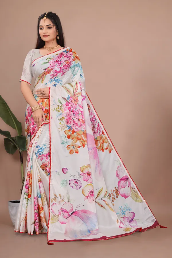 White_Floral_Print_Saree_For_Women