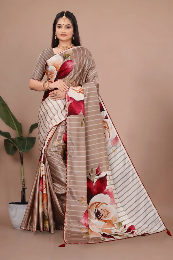 Beige_Satin_Floral_Print_Saree_For_Women