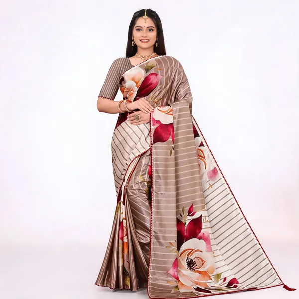 Beige_Satin_Floral_Print_Saree_For_Women
