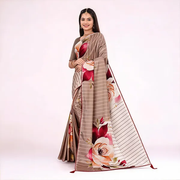 Beige_Satin_Floral_Print_Saree_For_Women