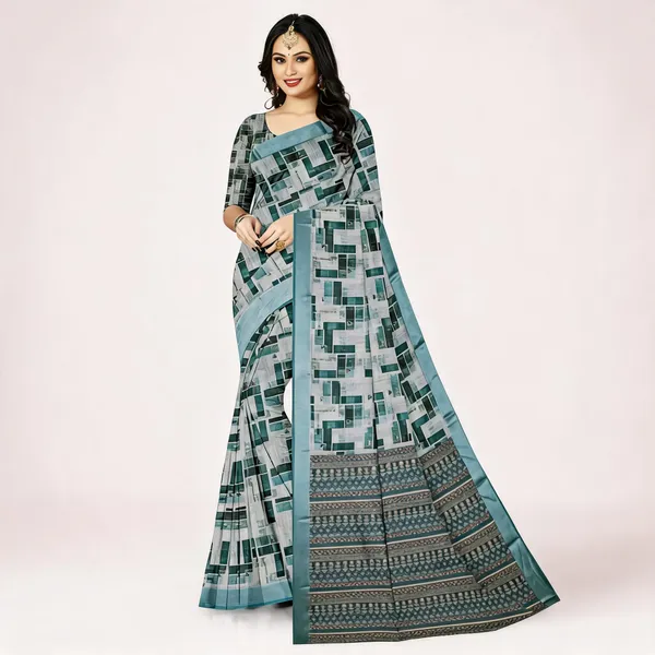 Teal_Geometric_Print_Saree_For_Women