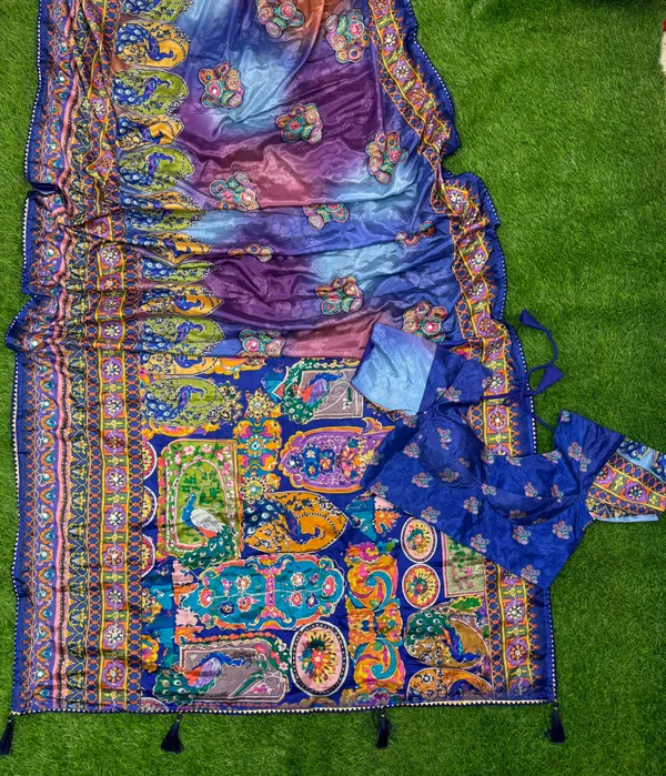 Blue_Printed_Saree_With_Tassels_For_Women