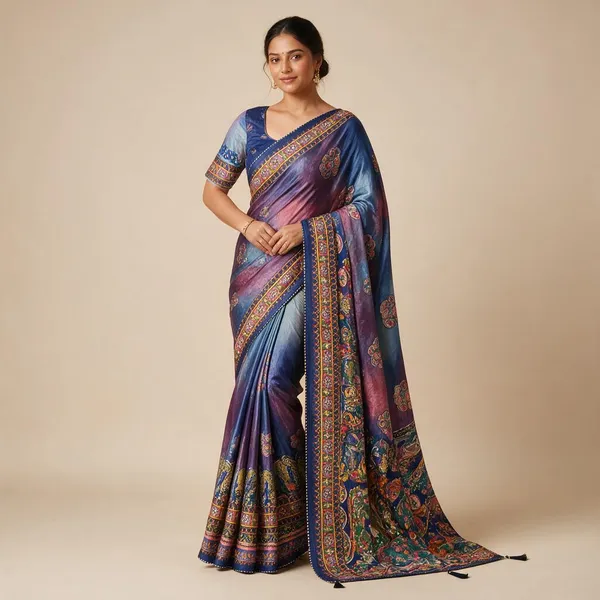 Blue_Printed_Saree_With_Tassels_For_Women