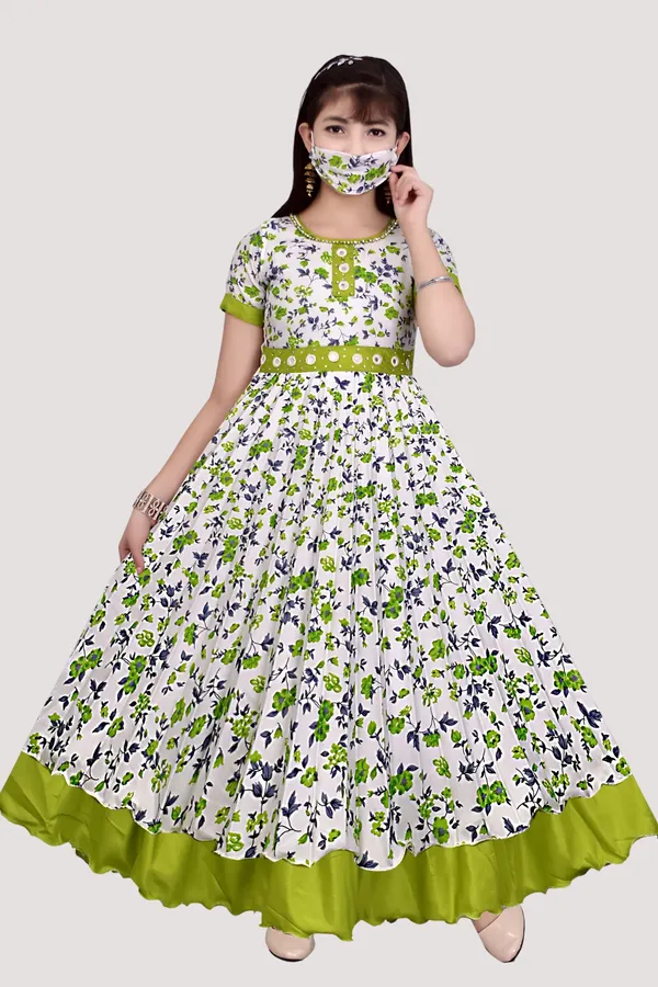 White_Floral_Print_Anarkali_Dress_With_Mask_For_Girls