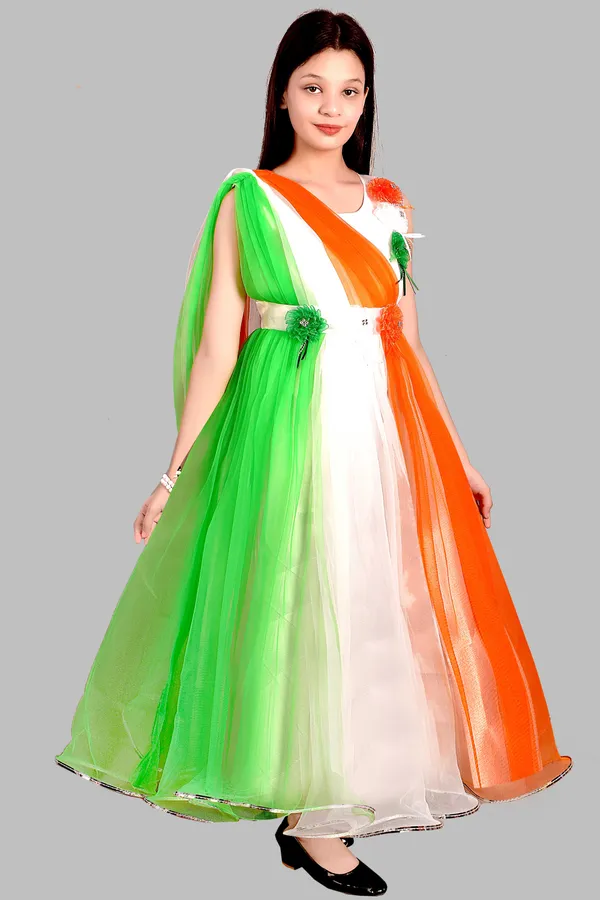 Orange_White_Green_Tricolour_Party_Dress_For_Girls