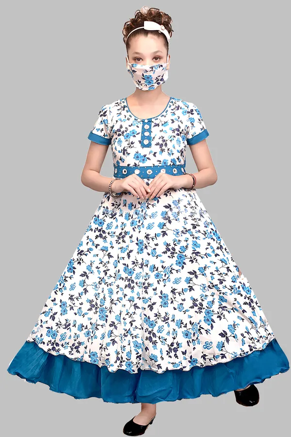 White_Floral_Print_Flared_Dress_For_Girls