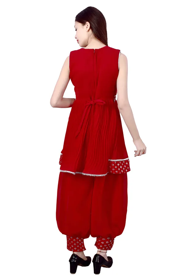Red_Printed_Sleeveless_Kurta_Pant_Set_For_Women