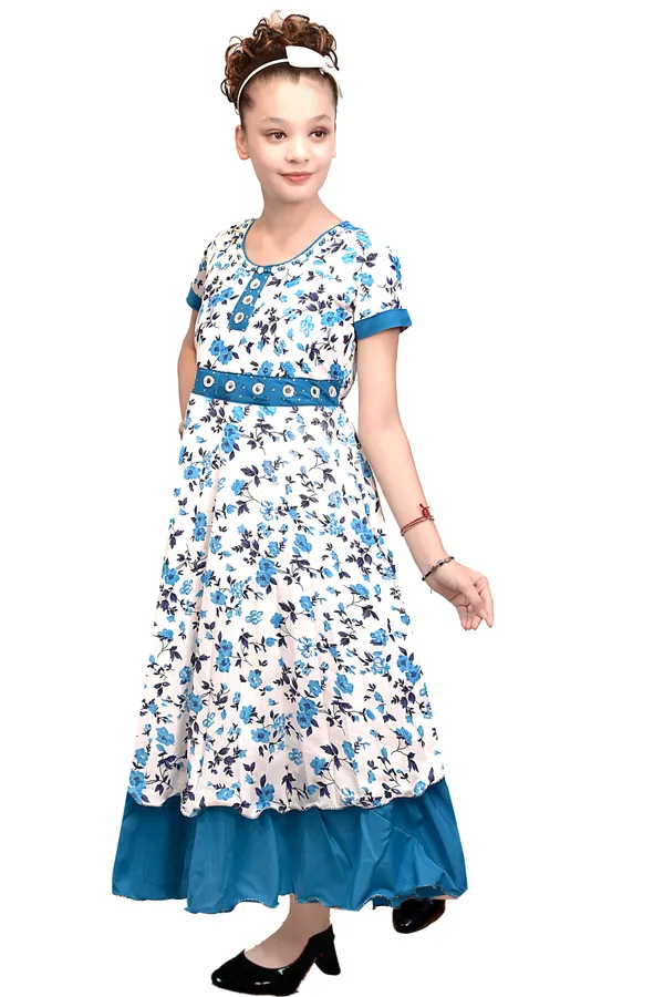 White_Floral_Print_Flared_Dress_For_Girls