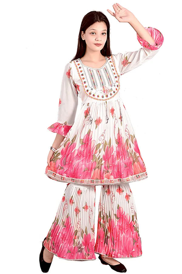 White_Pink_Floral_Print_Anarkali_Sharara_Set_For_Women