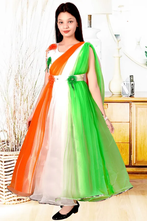 Orange_White_Green_Tricolour_Party_Dress_For_Girls