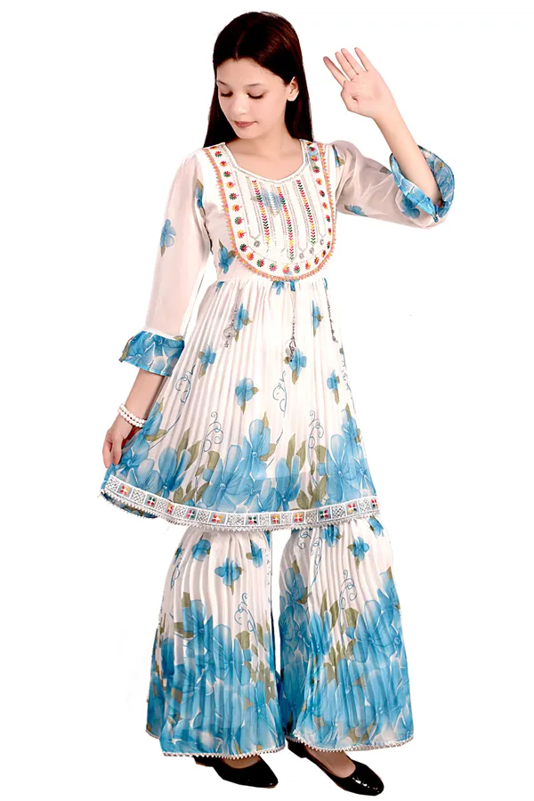 White_Blue_Floral_Print_Anarkali_Sharara_Set_For_Women