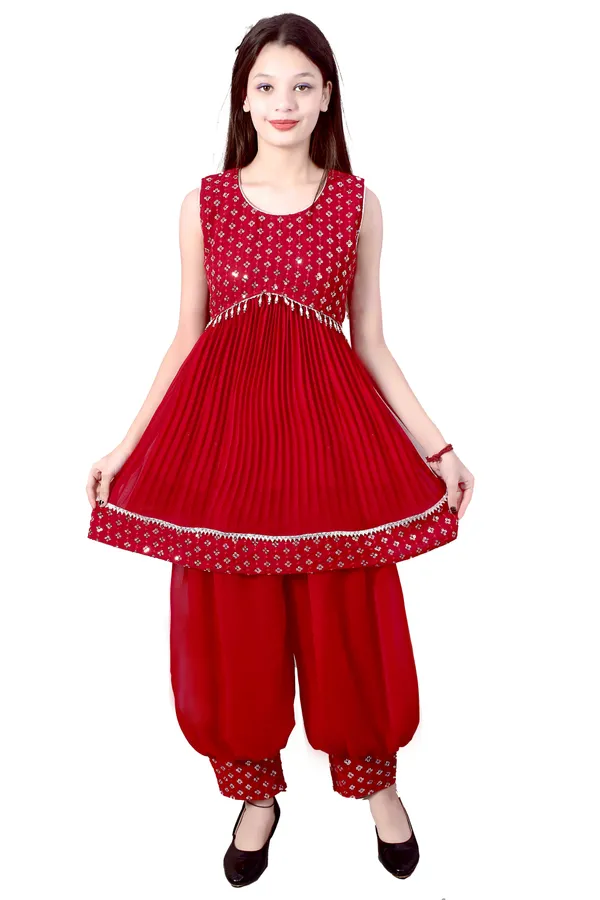 Red_Printed_Sleeveless_Kurta_Pant_Set_For_Women