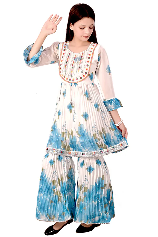 White_Blue_Floral_Print_Anarkali_Sharara_Set_For_Women