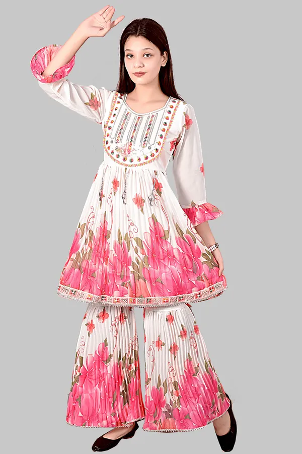 White_Pink_Floral_Print_Anarkali_Sharara_Set_For_Women