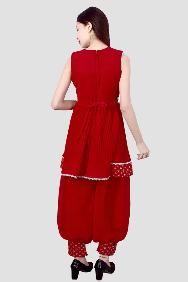 Red_Printed_Sleeveless_Kurta_Pant_Set_For_Women