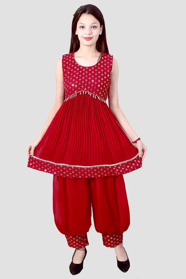 Red_Printed_Sleeveless_Kurta_Pant_Set_For_Women
