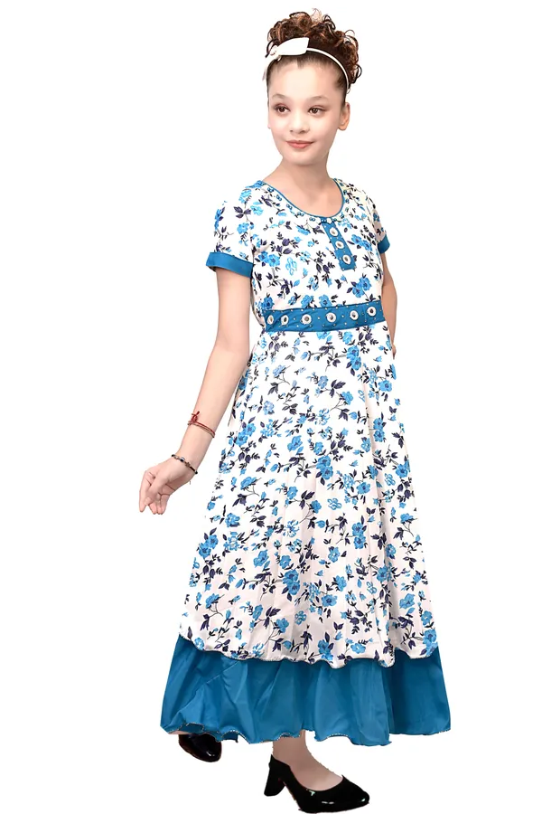 White_Floral_Print_Flared_Dress_For_Girls