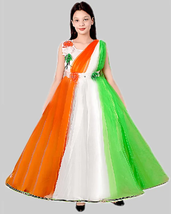 Orange_White_Green_Tricolour_Party_Dress_For_Girls