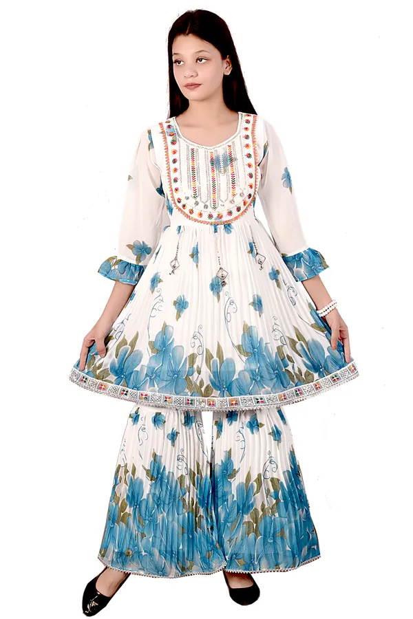 White_Blue_Floral_Print_Anarkali_Sharara_Set_For_Women