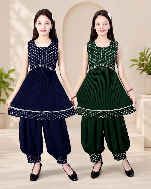 Multicolor_Printed_Sleeveless_Kurta_Salwar_Set_For_Girls_Combo_Set