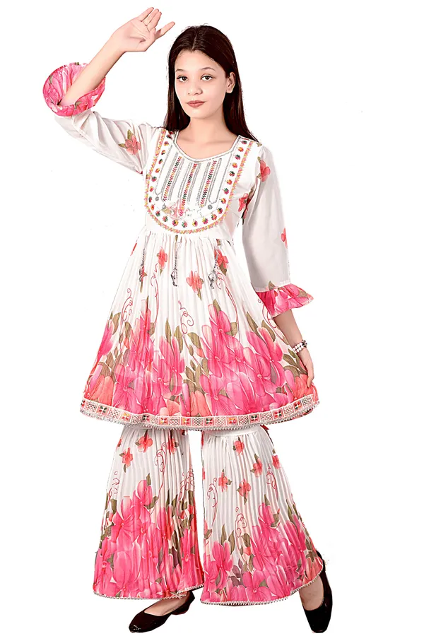White_Pink_Floral_Print_Anarkali_Sharara_Set_For_Women