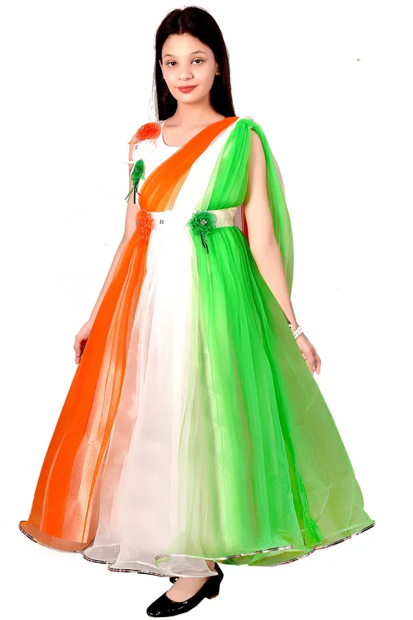 Orange_White_Green_Tricolour_Party_Dress_For_Girls