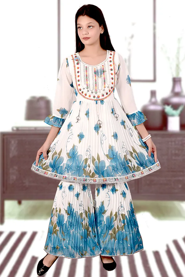White_Blue_Floral_Print_Anarkali_Sharara_Set_For_Women