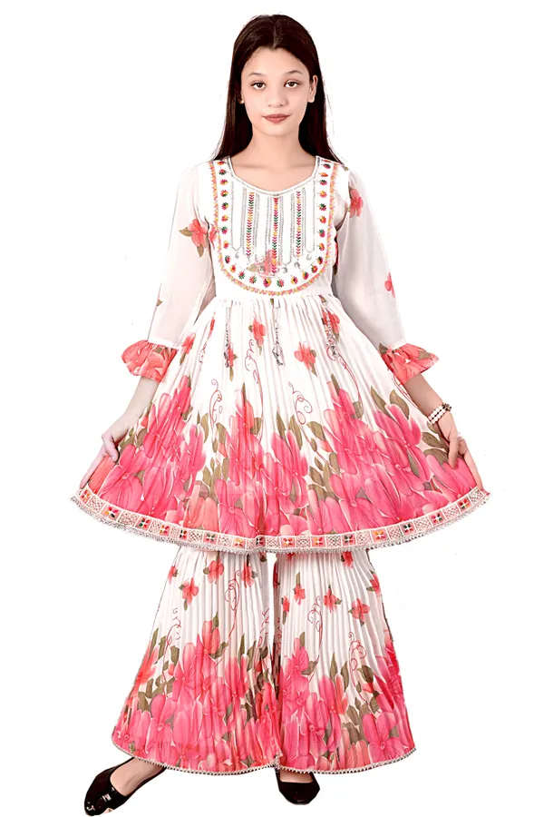 White_Pink_Floral_Print_Anarkali_Sharara_Set_For_Women