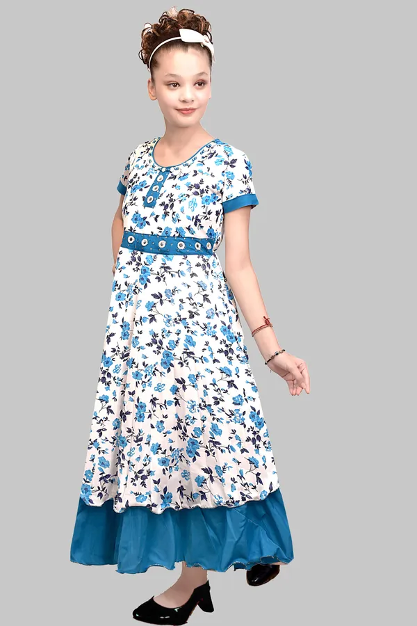 White_Floral_Print_Flared_Dress_For_Girls