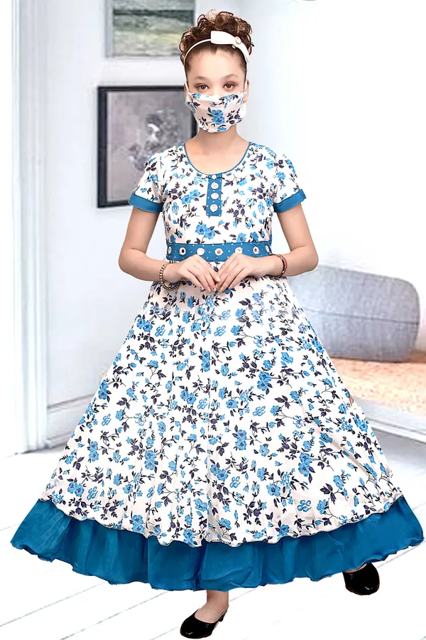 White_Floral_Print_Flared_Dress_For_Girls
