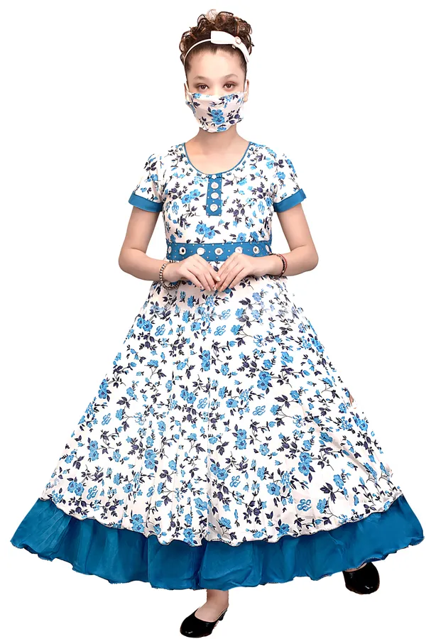 White_Floral_Print_Flared_Dress_For_Girls
