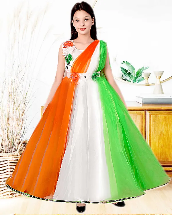 Orange_White_Green_Tricolour_Party_Dress_For_Girls
