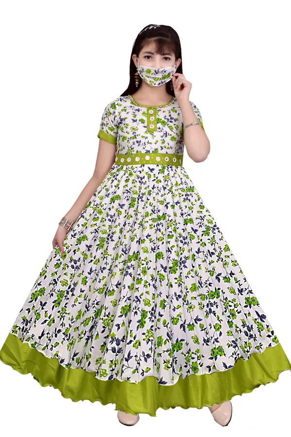 White_Floral_Print_Anarkali_Dress_With_Mask_For_Girls